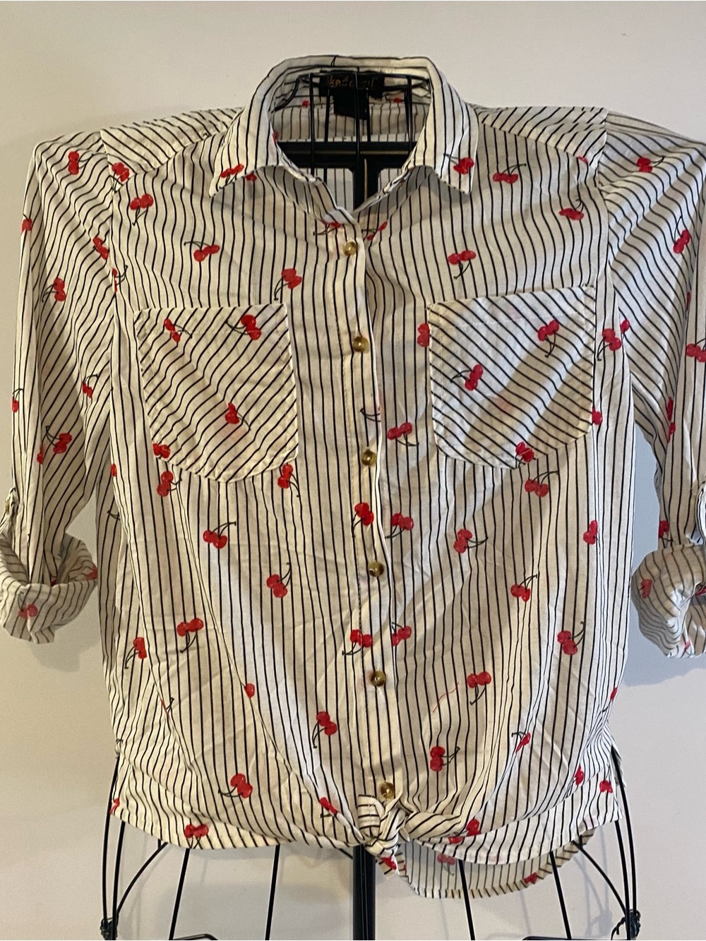Like an Angel Pinstripe & Cherry Front Tie Blouse Size L